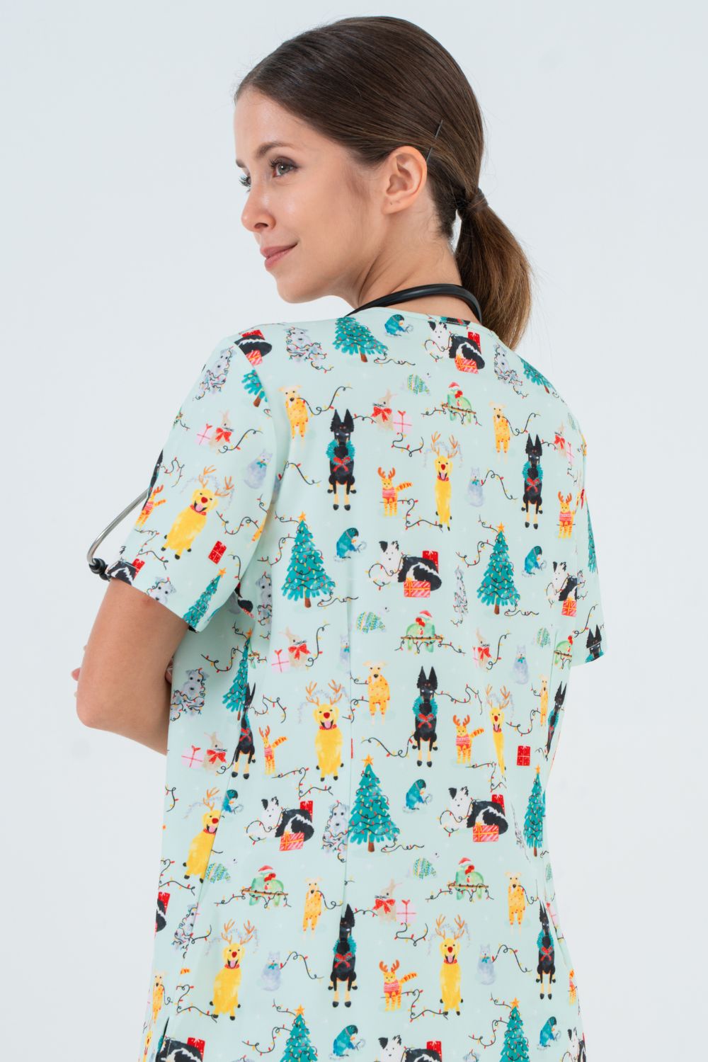 Christmas Tails Women’s 3-Pocket Scrub Top