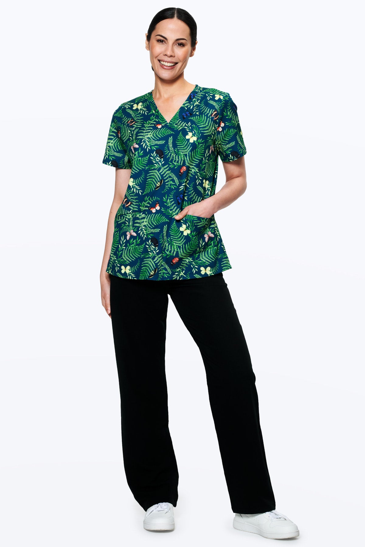 Bushland Butterflies Women’s 3-Pocket Scrub Top