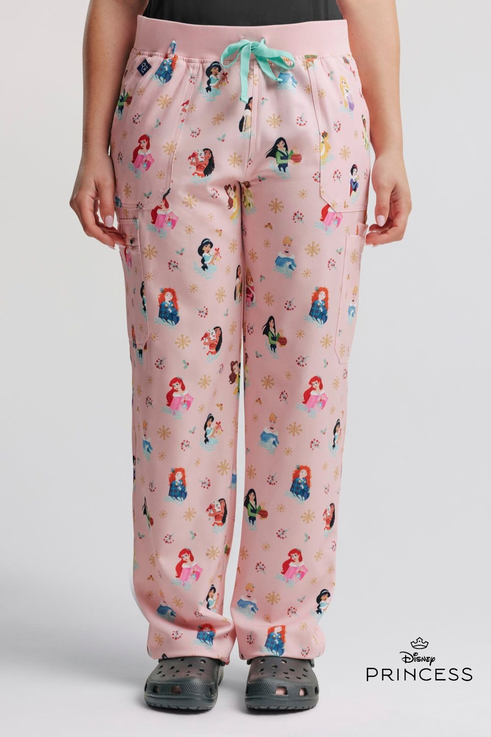 Disney Princess Women’s Cargo Scrub Pants, Deck the Halls