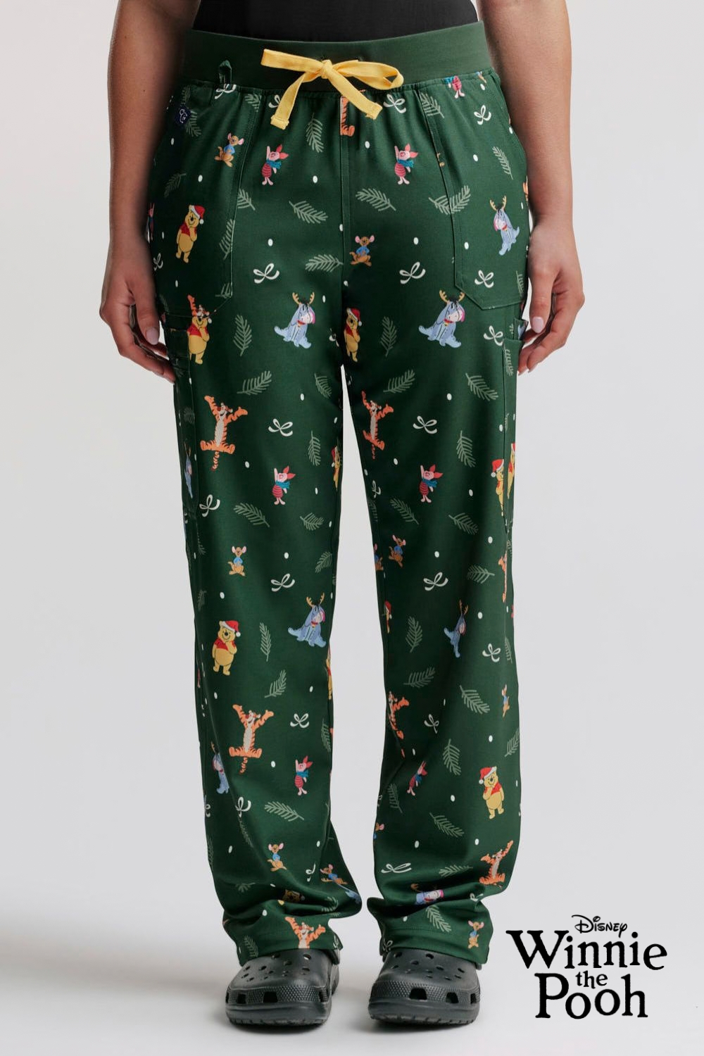 Disney’ Winnie the Pooh and Friends Women’s Cargo Scrub Pants, Hundred Acre Christmas