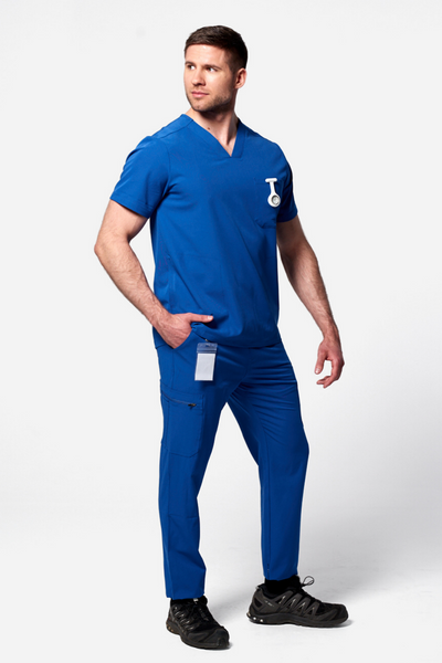 Doctor wearing a Dr. Scrub Uniform in Royal Blue 