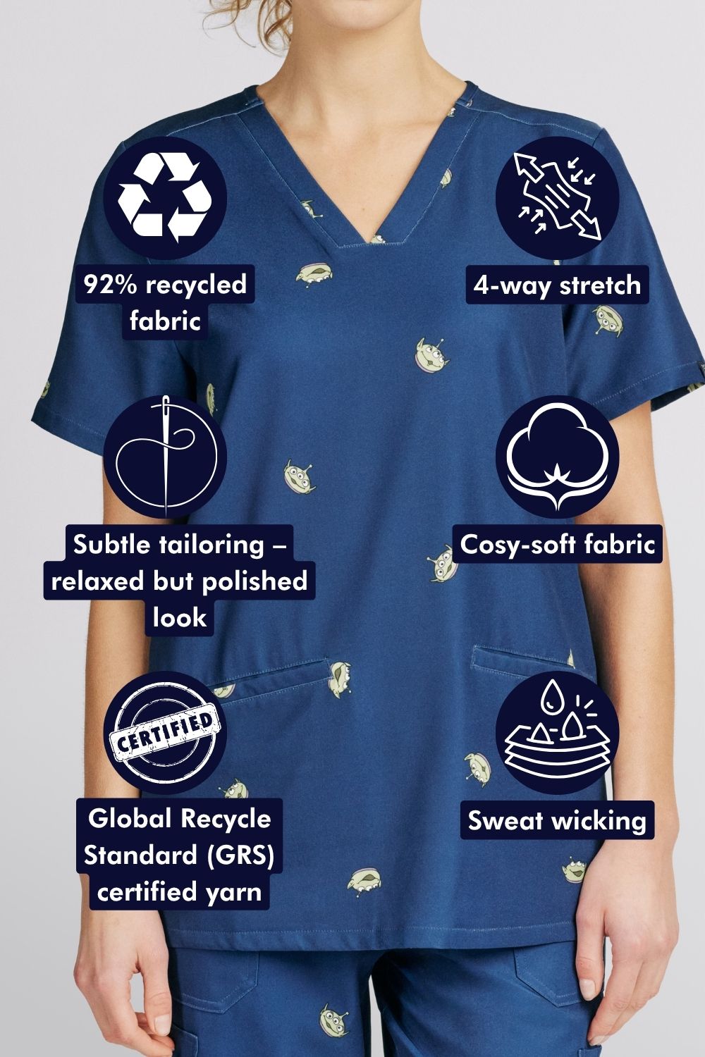 Disney’s Toy Story Women’s 3-Pocket Scrub Top, Little Green Men