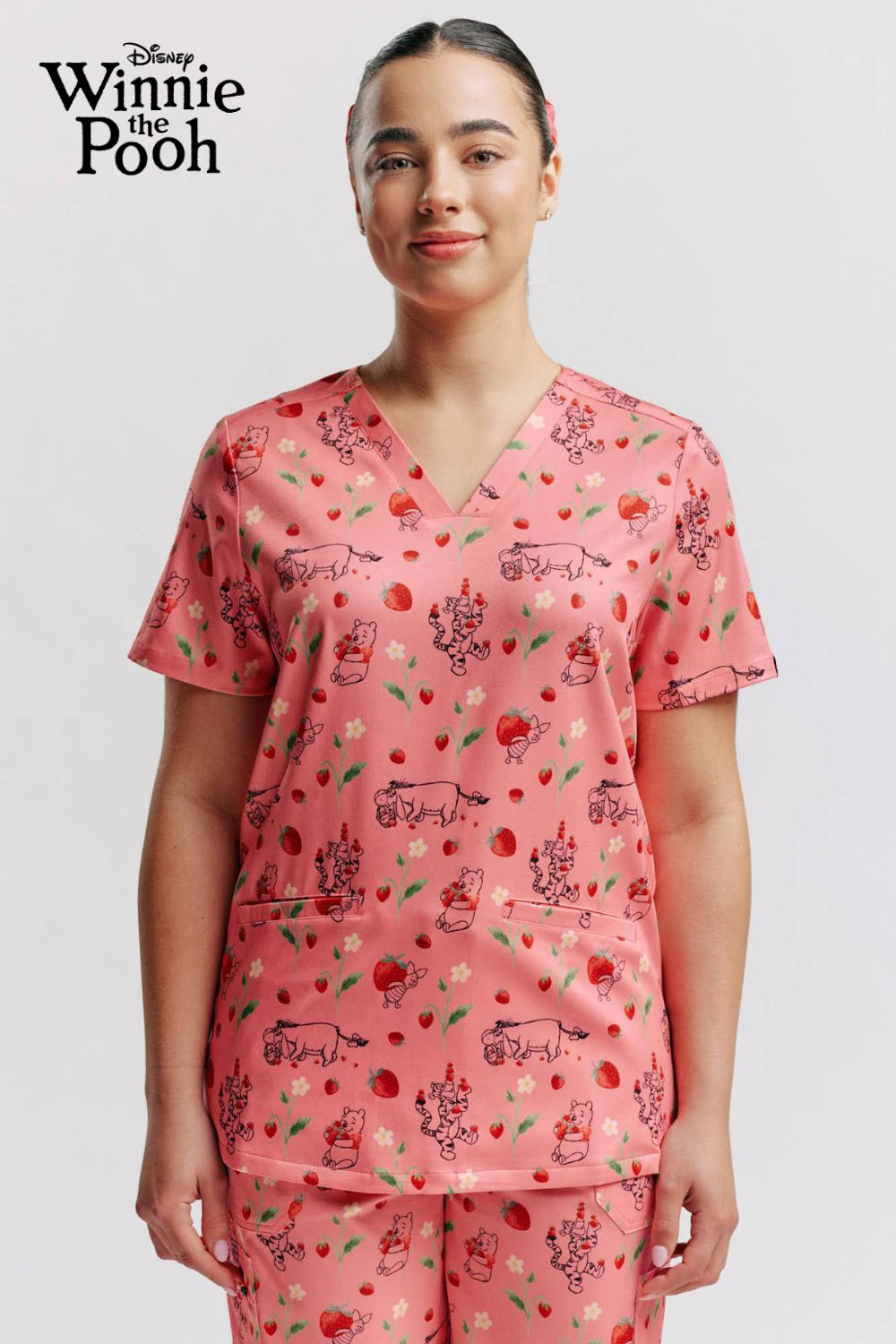 Disney's Winnie The Pooh Women’s 3-Pocket Scrub Top, Strawberry Springtime
