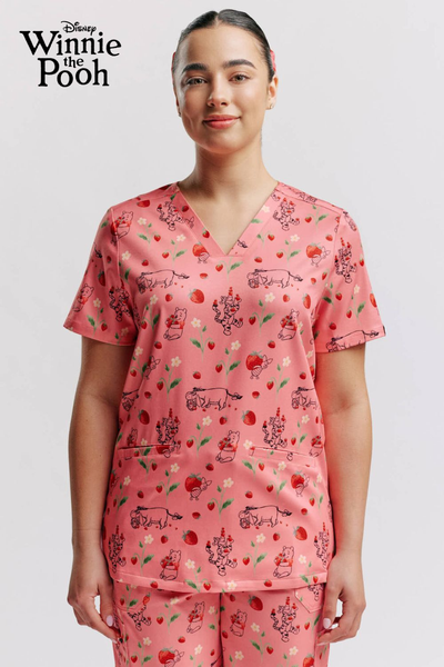 Disney's Winnie The Pooh Women’s 3-Pocket Scrub Top, Strawberry Springtime