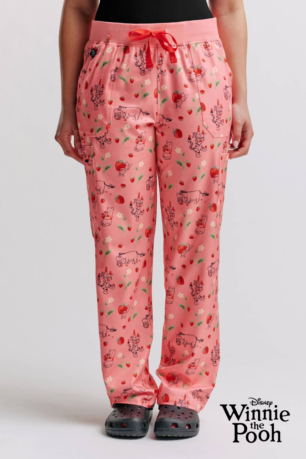 Disney's Winnie The Pooh Women’s Cargo Scrub Pants, Strawberry Springtime