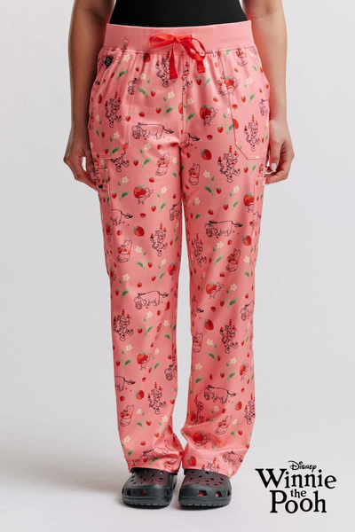 Disney's Winnie The Pooh Women’s Cargo Scrub Pants, Strawberry Springtime