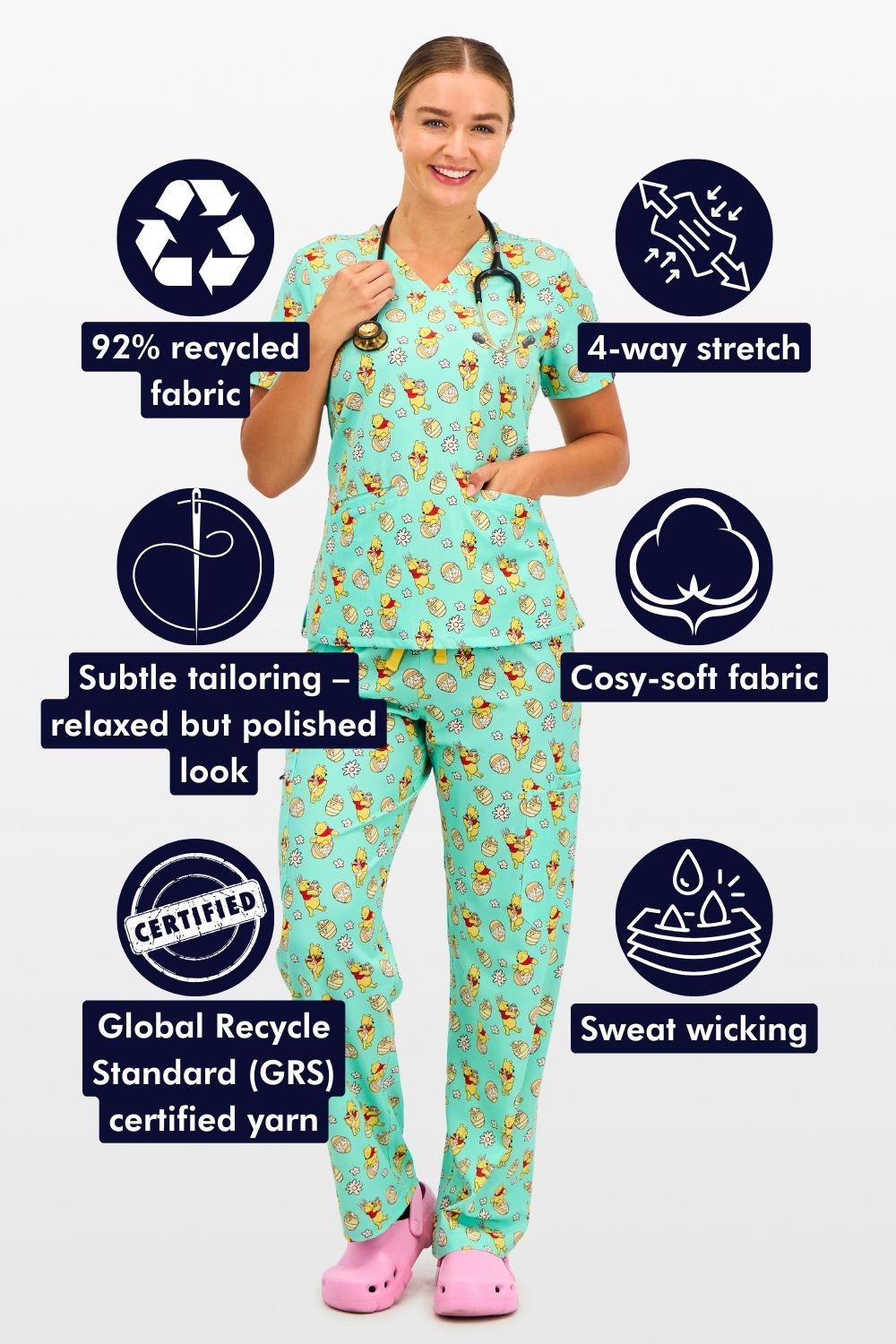 Disney’s Winnie the Pooh Women’s 3-Pocket Scrub Top, Easter Egg Hunt