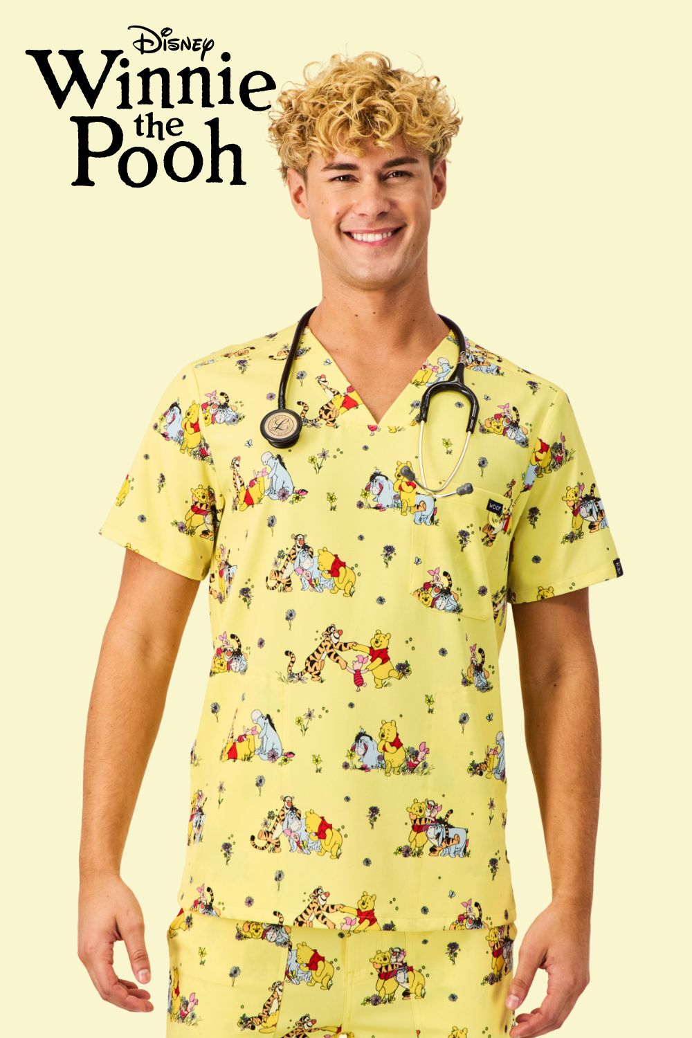 Disney Winnie The Pooh & Friends Men's 3-Pocket Scrub Top, Favourite Day