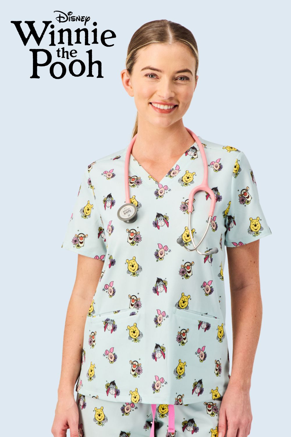 Disney’s Winnie the Pooh and Friends Women’s 3-Pocket Scrub Top, Flower Patch