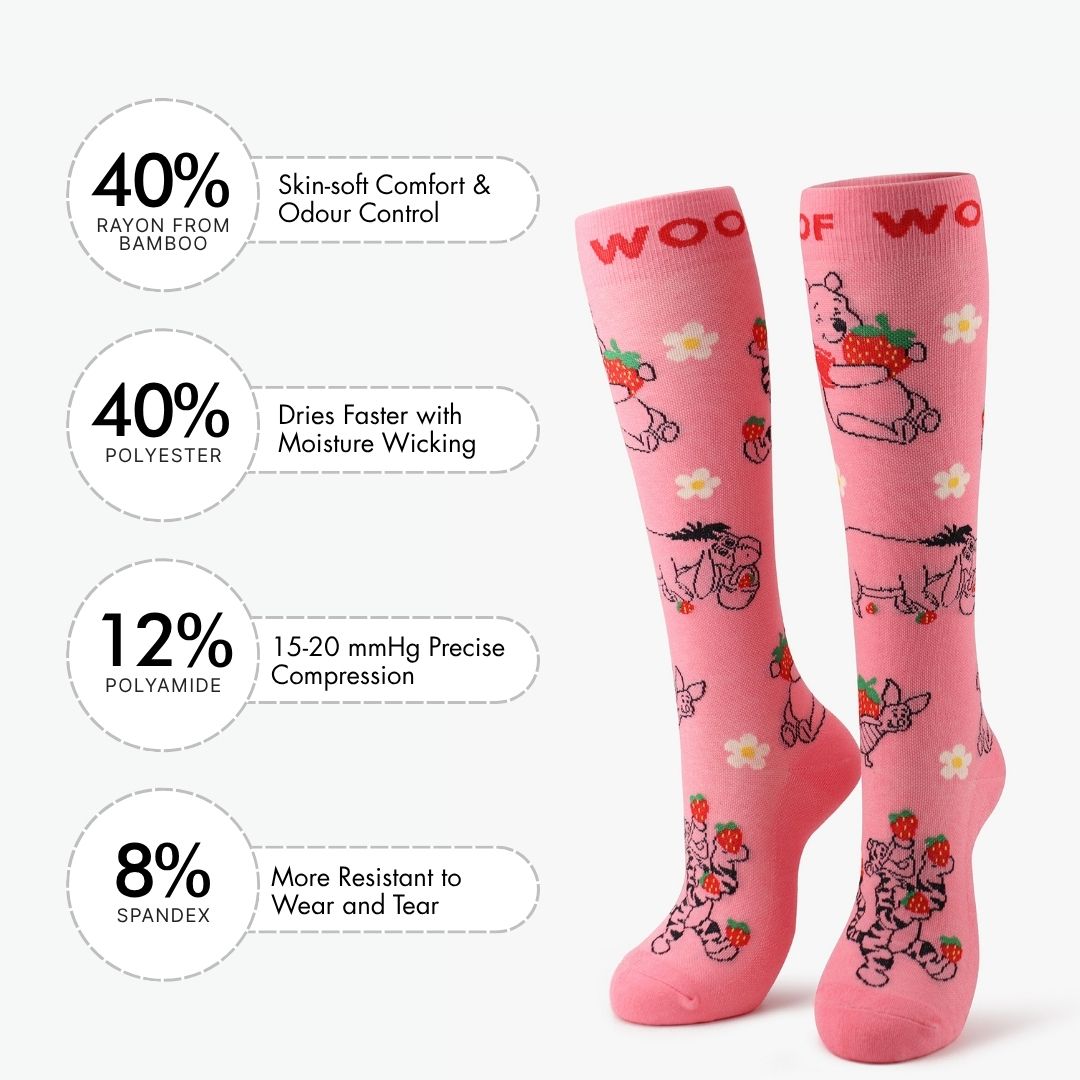 Infographic showing material percentages beside pink compression socks with Winnie the Pooh strawberry print.