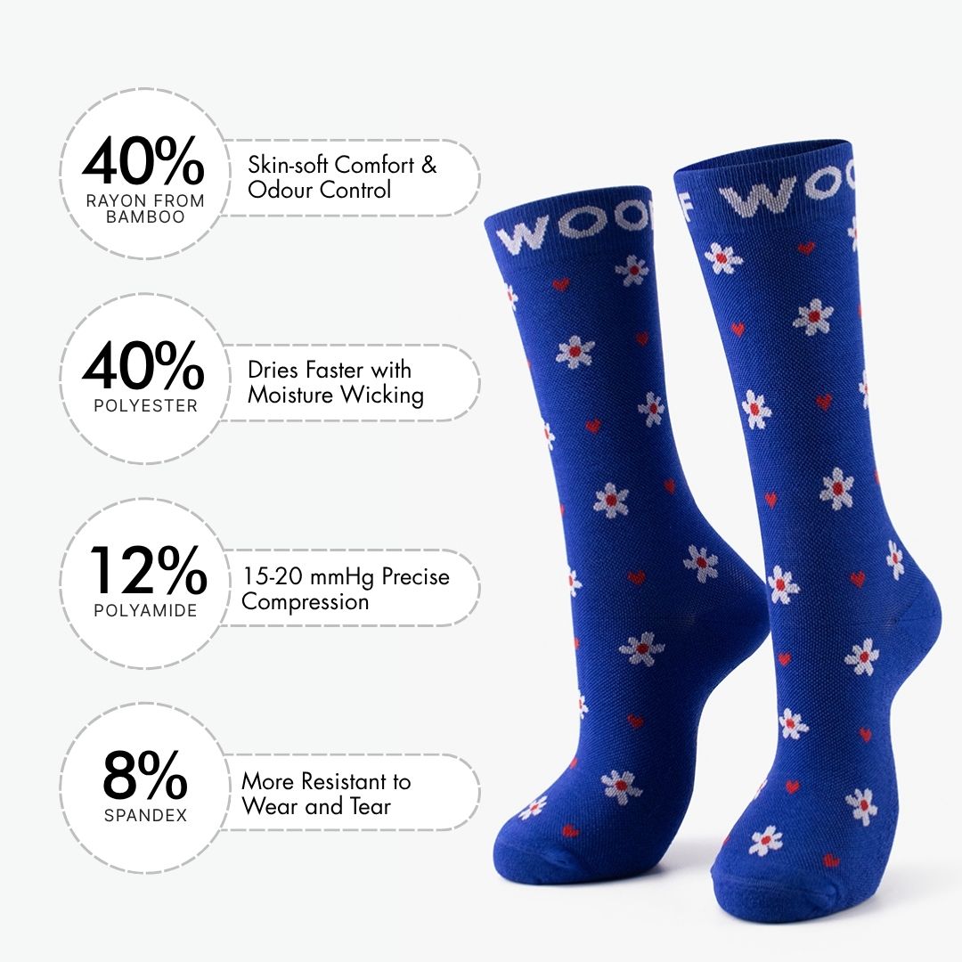 A Floral Bamboo Crew Compression Socks accompanied by a material breakdown panel detailing the fabric mix: 40% bamboo viscose (breath comfort & odor control), 40% nylon (easy care & moisture wicking), 12% polyester (12-15mmHg precise compression), and 8% elastane (wear resistant to heel and toe).