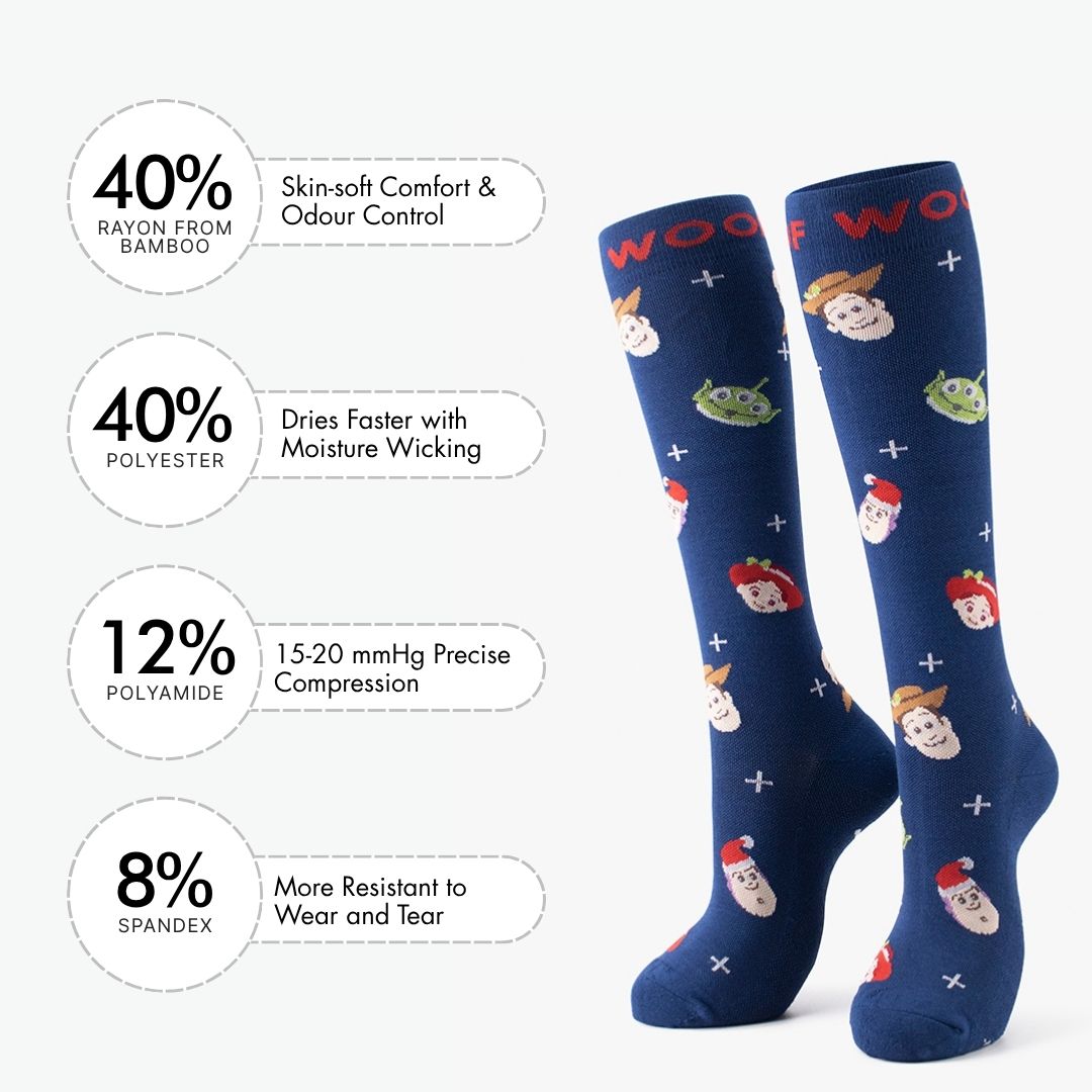 A Toy Story Christmas Bamboo Crew Compression Socks accompanied by a material breakdown panel detailing the fabric mix: 40% bamboo viscose (breath comfort & odor control), 40% nylon (easy care & moisture wicking), 12% polyester (12-15mmHg precise compression), and 8% elastane (wear resistant to heel and toe).  