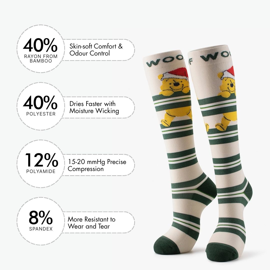 A Winnie The Pooh Christmas Bamboo Crew Compression Socks accompanied by a material breakdown panel detailing the fabric mix: 40% bamboo viscose (breath comfort & odor control), 40% nylon (easy care & moisture wicking), 12% polyester (12-15mmHg precise compression), and 8% elastane (wear resistant to heel and toe).  
