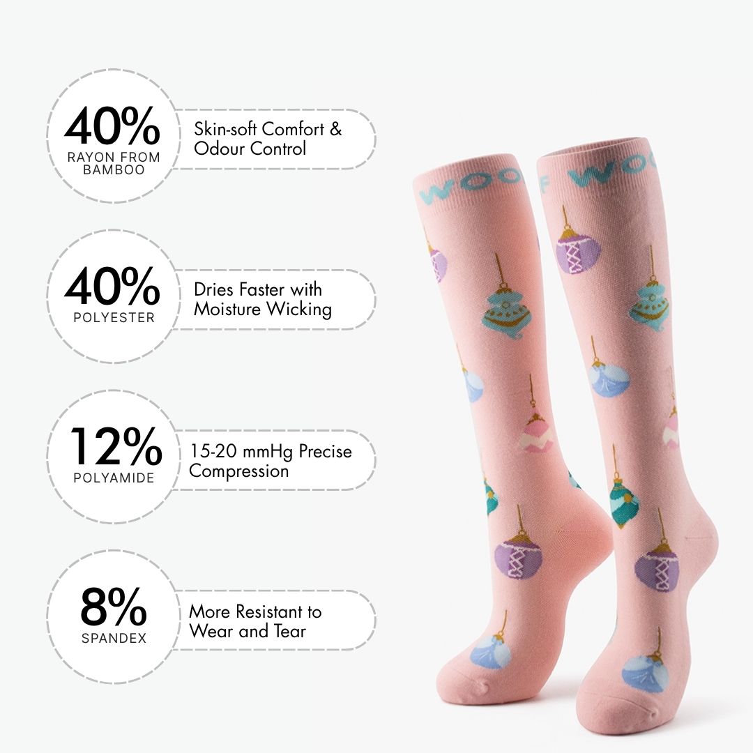 A Disney Princess Christmas Bamboo Crew Compression Socks accompanied by a material breakdown panel detailing the fabric mix: 40% bamboo viscose (breath comfort & odor control), 40% nylon (easy care & moisture wicking), 12% polyester (12-15mmHg precise compression), and 8% elastane (wear resistant to heel and toe).  