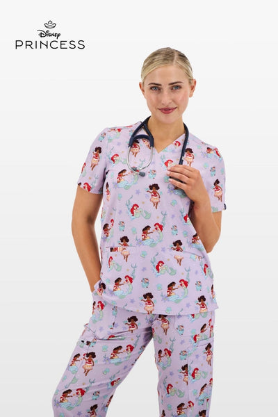 Disney Princess Women’s 3-Pocket Scrub Top, Ocean of Dreams
