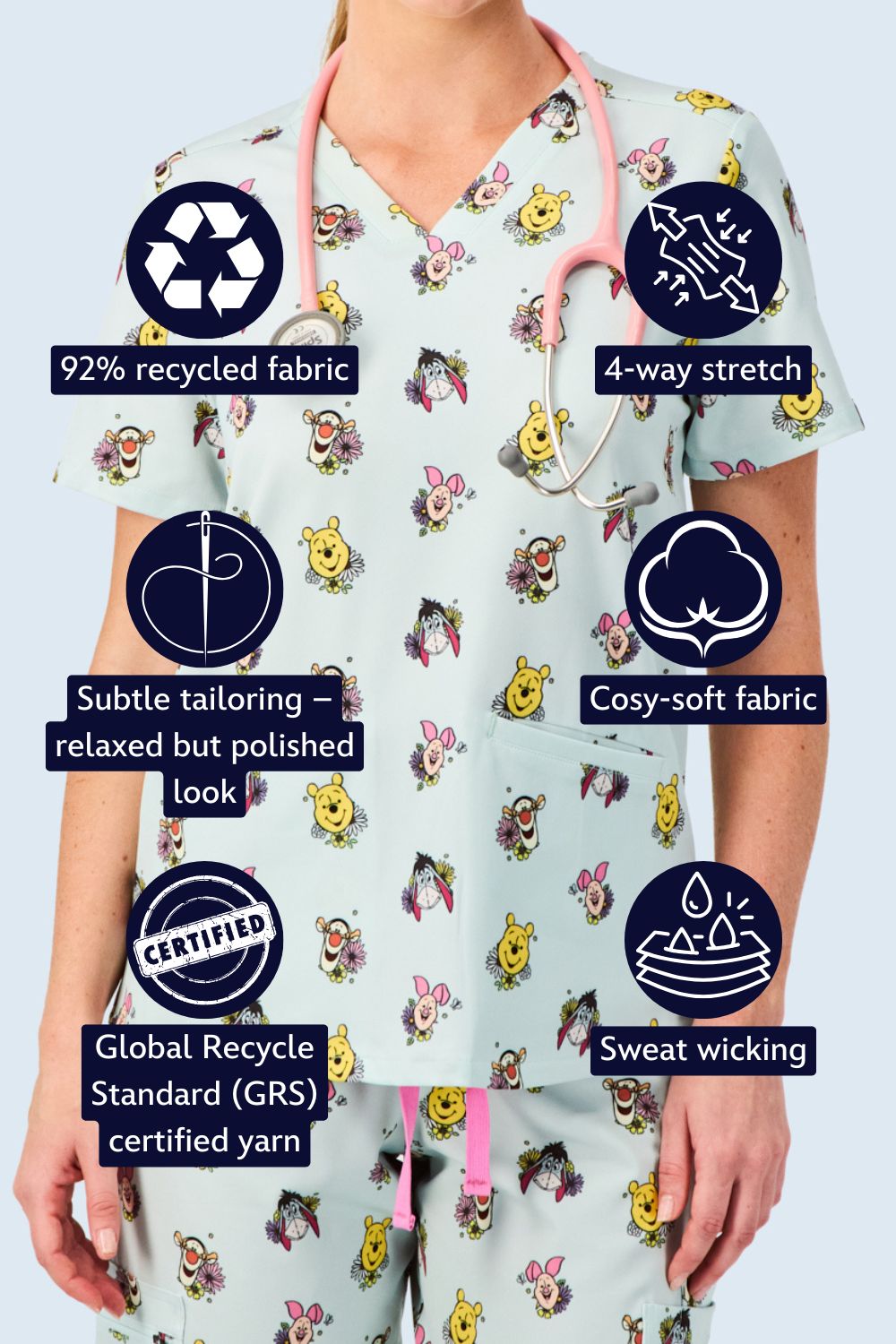 Disney’s Winnie the Pooh and Friends Women’s 3-Pocket Scrub Top, Flower Patch