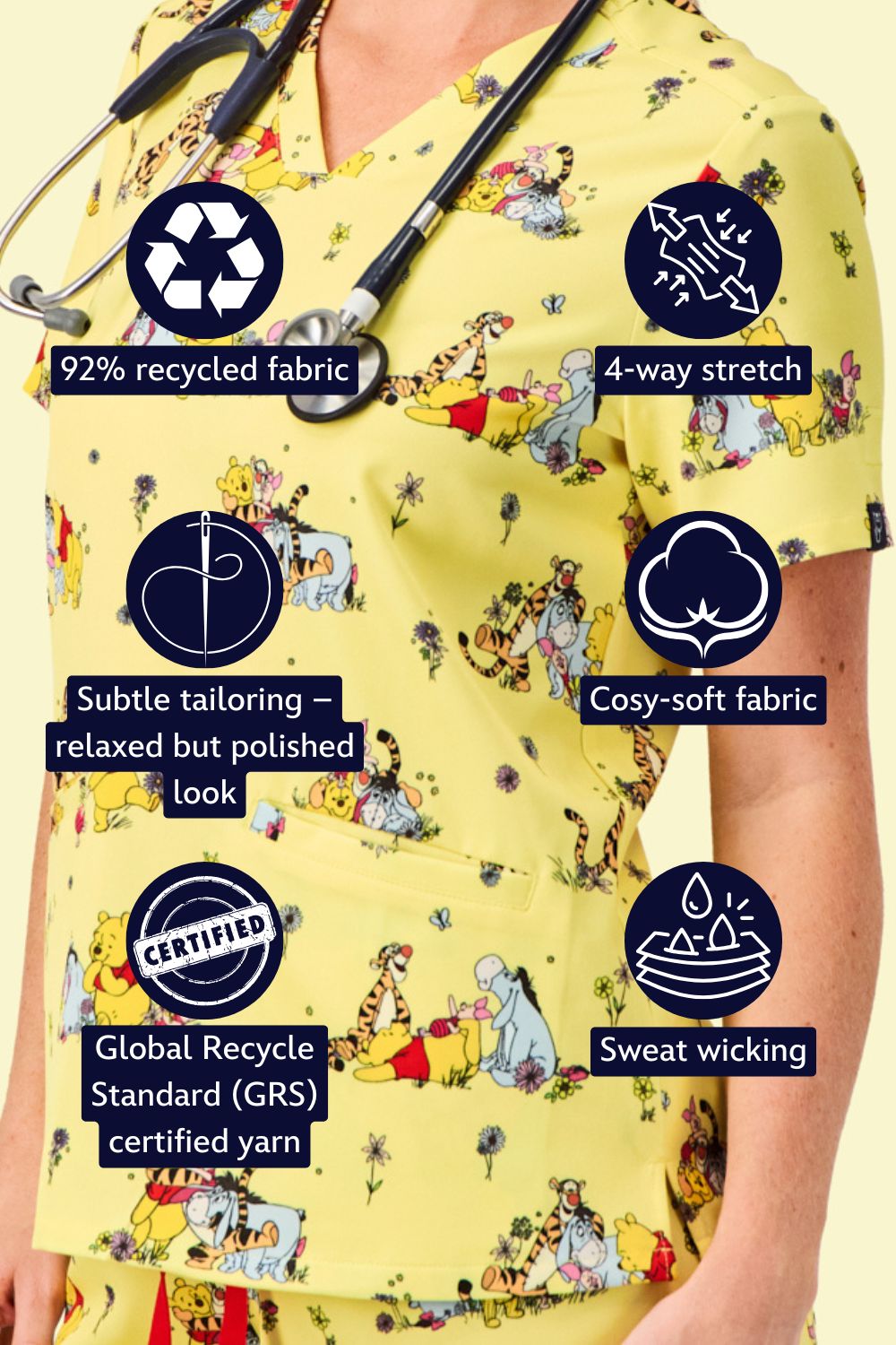 Disney’s Winnie the Pooh and Friends Women’s 3-Pocket Scrub Top, Favourite Day