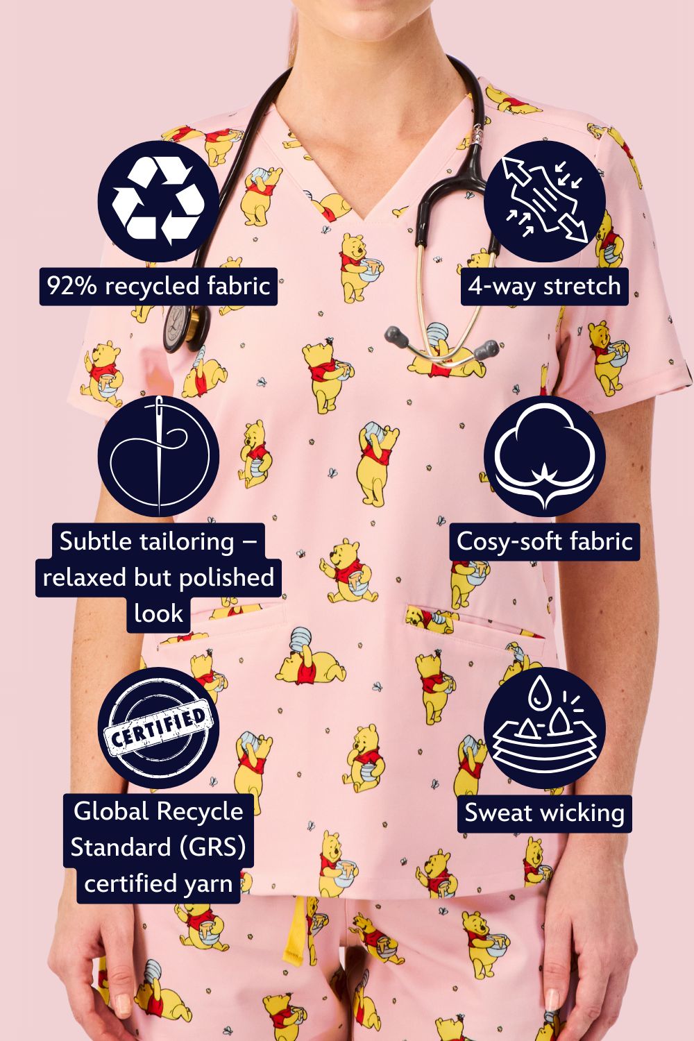 Disney’s Winnie the Pooh Women’s 3-Pocket Scrub Top, Honey Pot