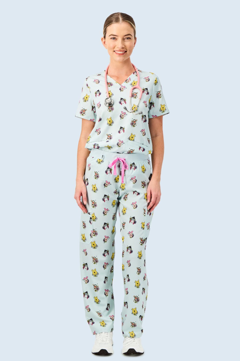 Disney’s Winnie the Pooh and Friends Women’s 3-Pocket Scrub Top, Flower Patch
