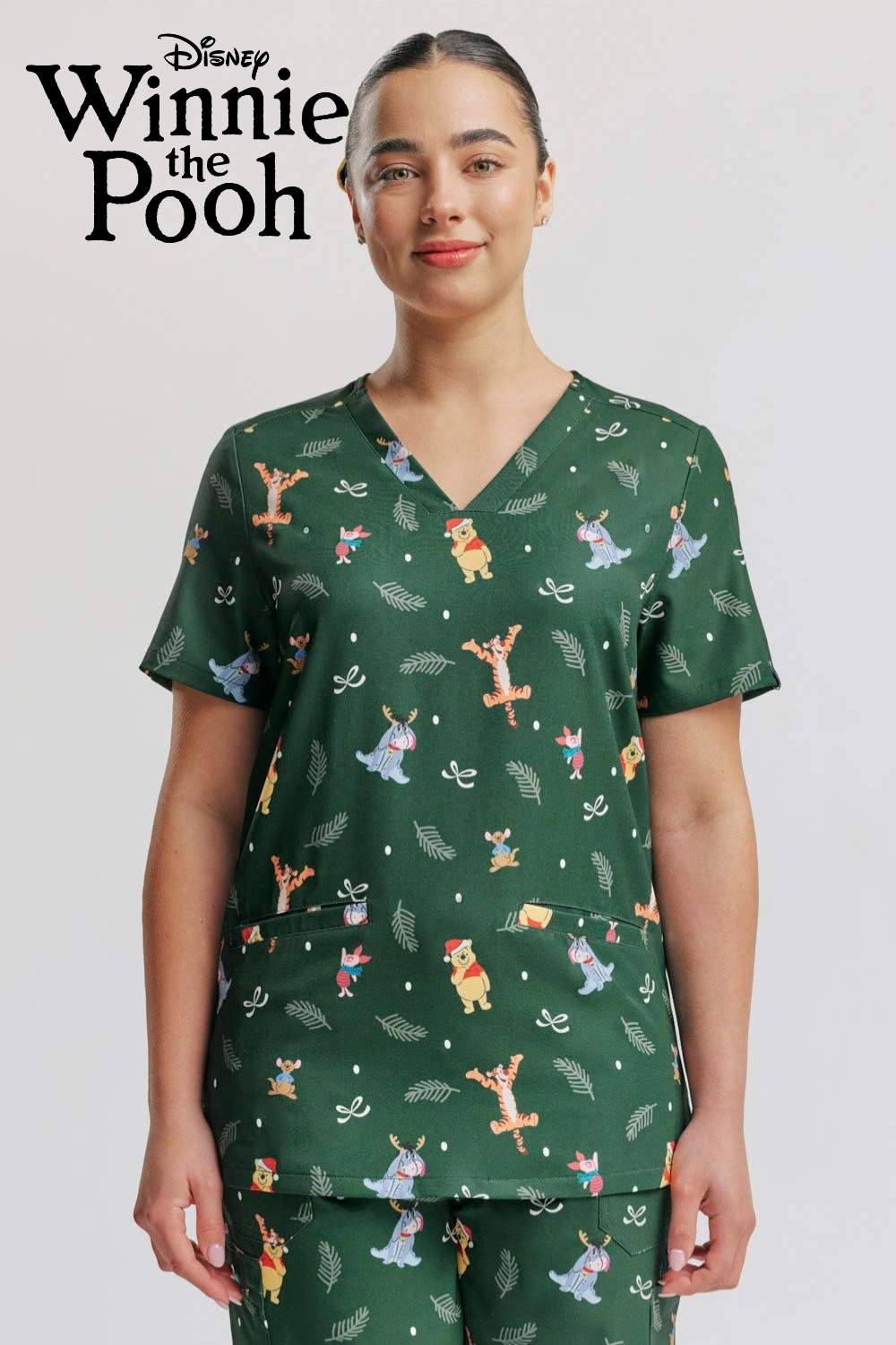 Disney’s Winnie the Pooh and Friends Women’s 3-Pocket Scrub Top, Hundred Acre Christmas