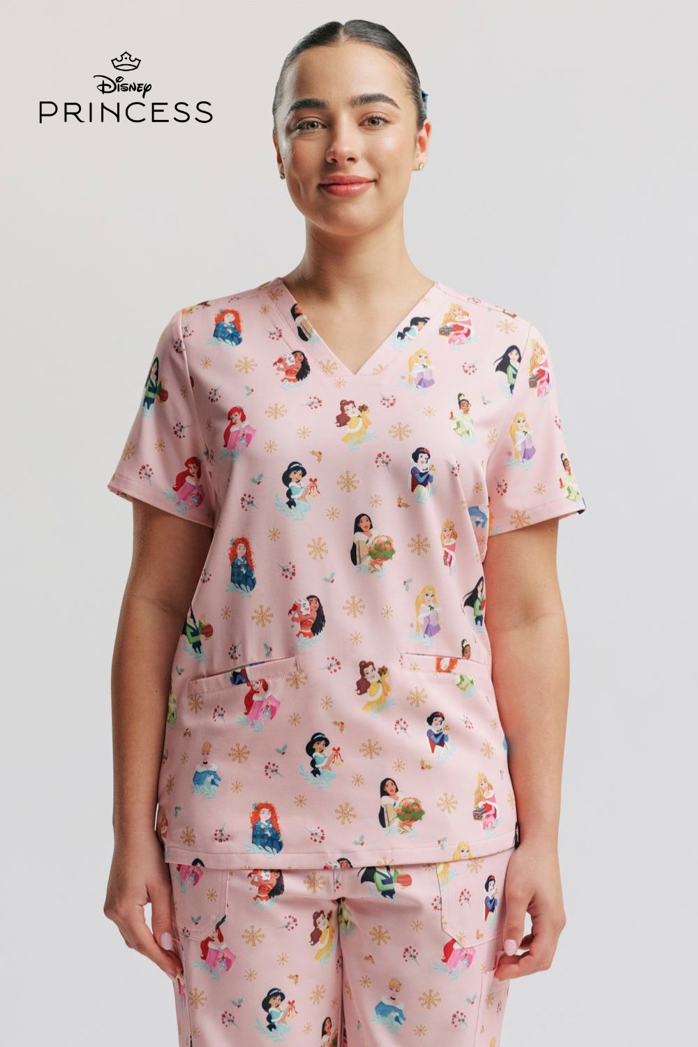 Disney Princess Women’s 3-Pocket Scrub Top, Deck the Halls
