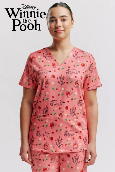Disney's Winnie The Pooh Women’s 3-Pocket Scrub Top, Strawberry Springtime
