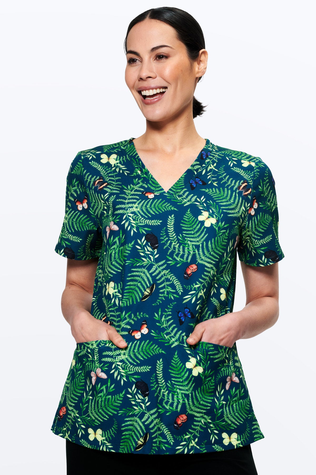 Bushland Butterflies Women’s 3-Pocket Scrub Top