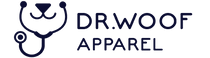 Stylized dog logo with stethoscope, text 'DR. WOOF APPAREL' beside it.