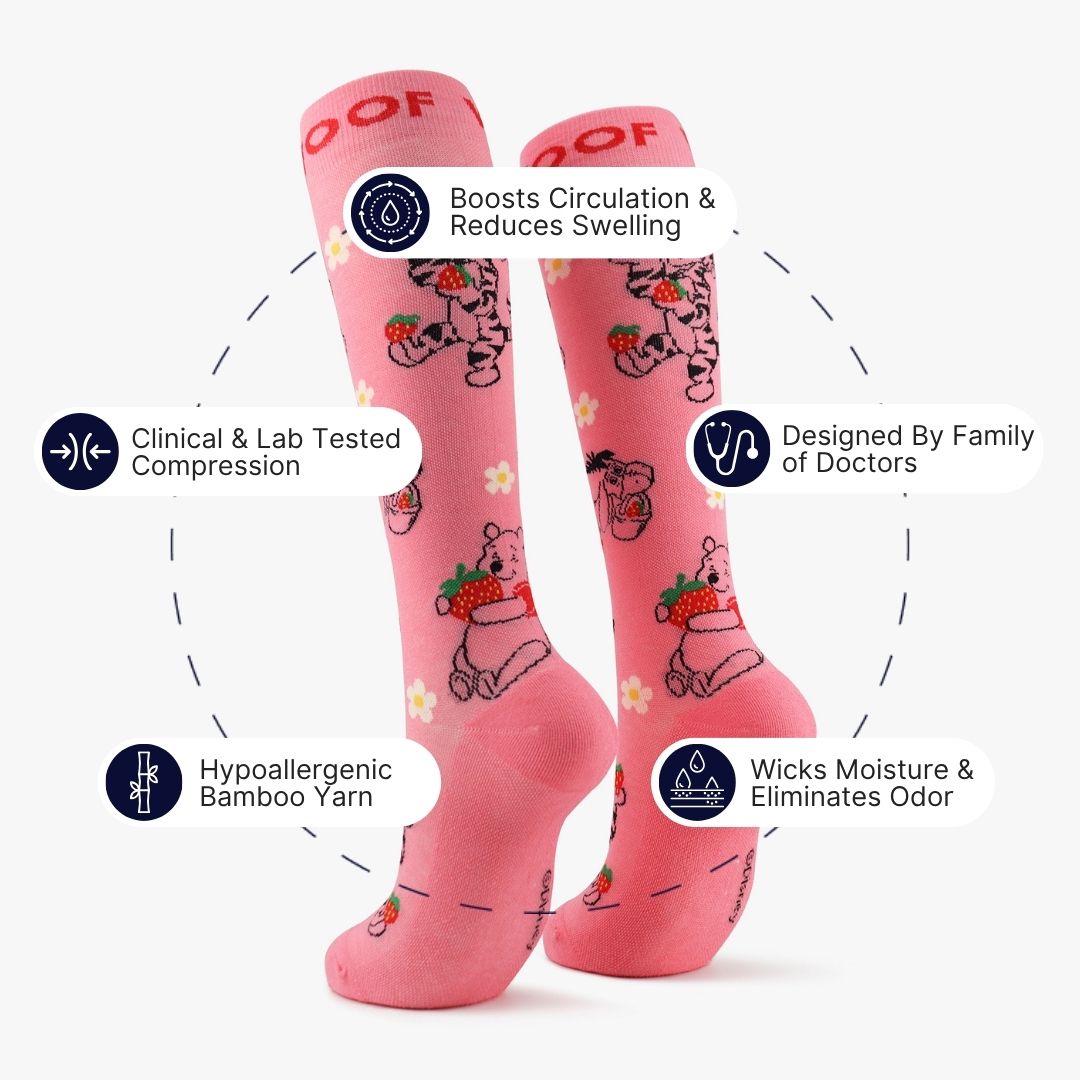 Infographic highlighting key features around pink compression socks with Winnie the Pooh strawberry print.