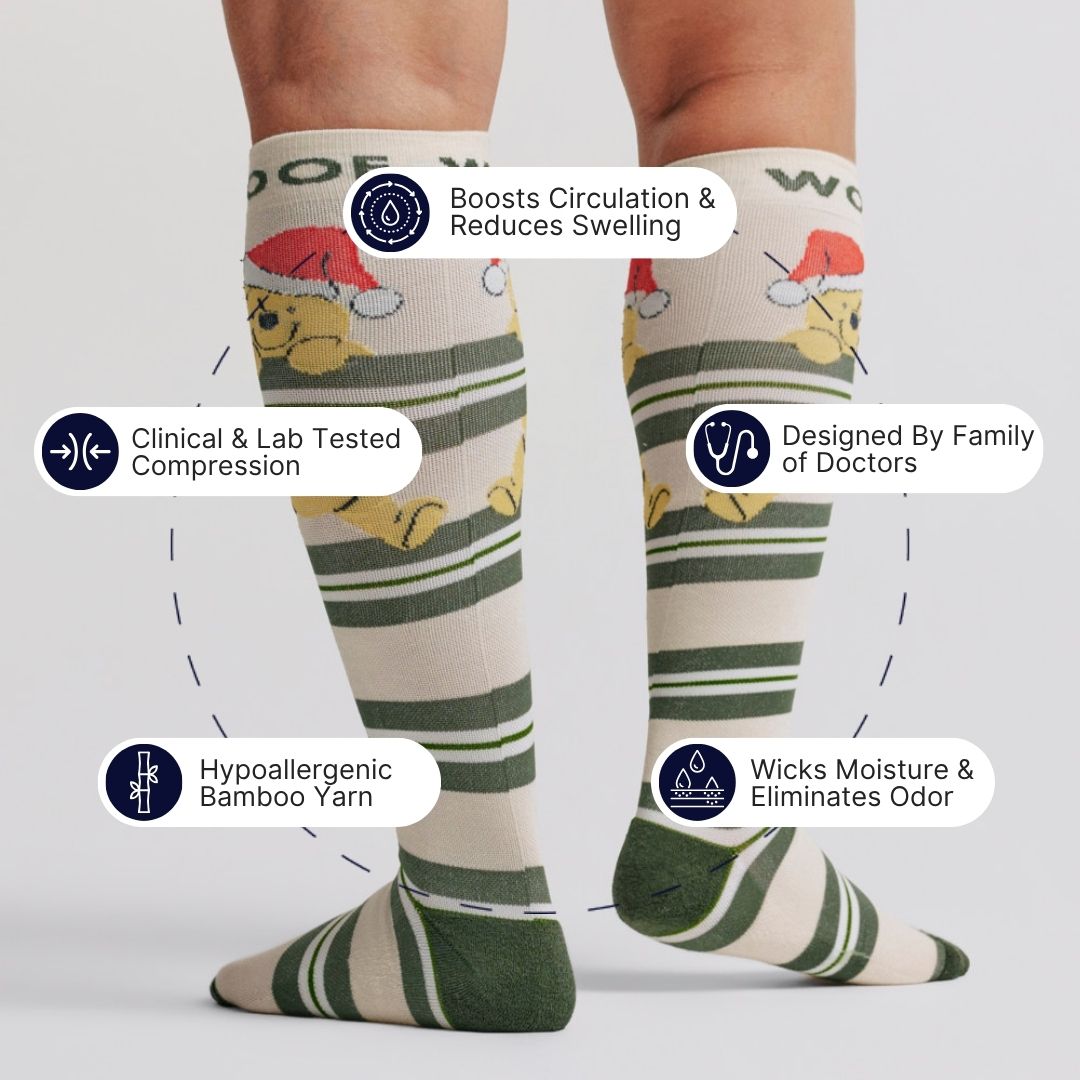 A cream Winnie The Pooh Christmas Bamboo Crew Compression Socks surrounded by key feature callout icons including boosts circulation & reduces swelling, clinically tested compression, hypoallergenic & odor free, designed by family of doctors, and moisture-wicking properties.  