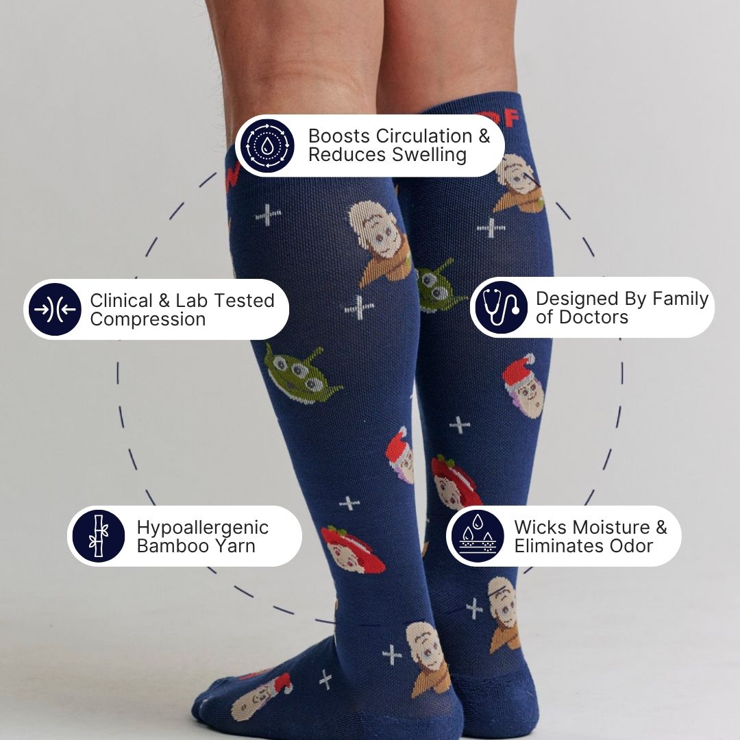 A navy blue Toy Story Christmas Bamboo Crew Compression Socks surrounded by key feature callout icons including boosts circulation & reduces swelling, clinically tested compression, hypoallergenic & odor free, designed by family of doctors, and moisture-wicking properties.  