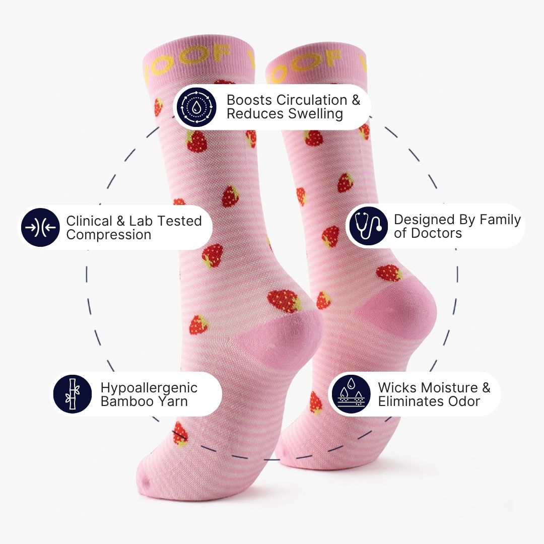 A light pink Strawberries Bamboo Crew Compression Socks surrounded by key feature callout icons, including boosts circulation & reduces swelling, clinically tested compression, hypoallergenic & odor free, designed by family of doctors, and moisture-wicking properties.  