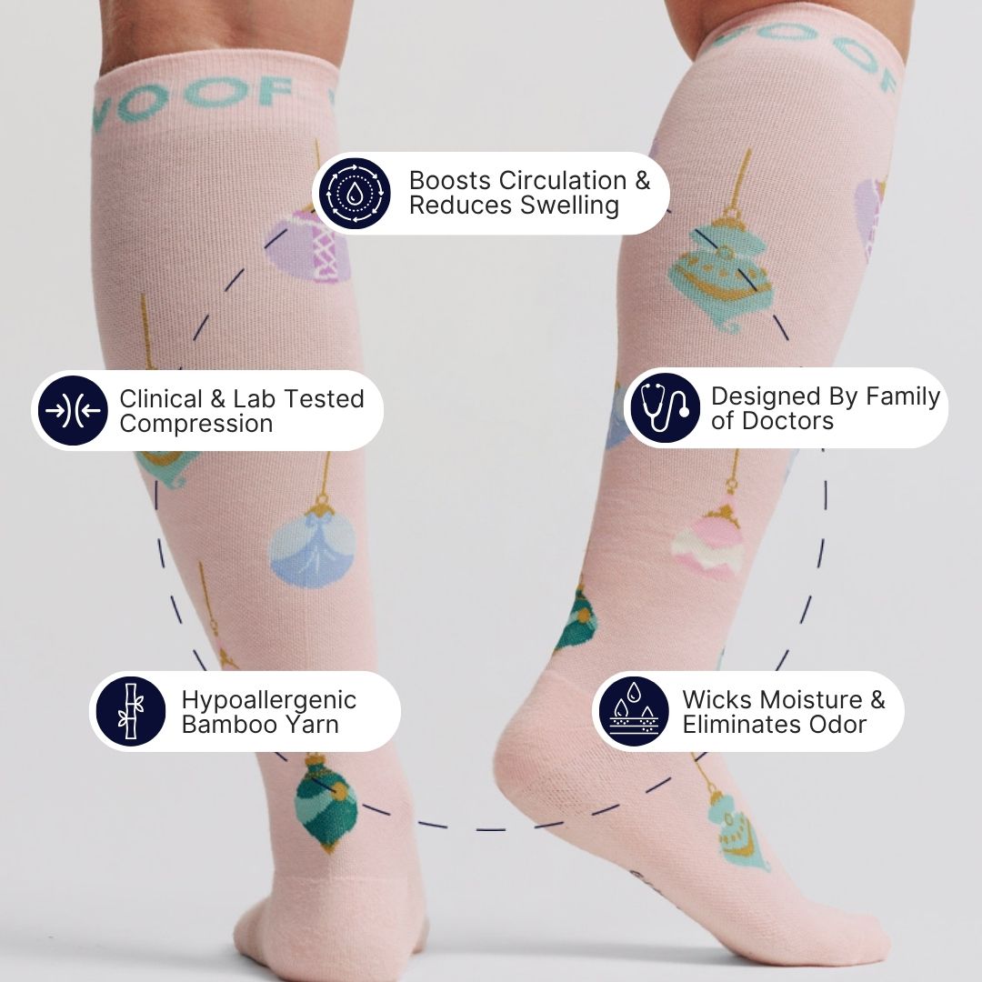 A dusty pink Disney Princess Christmas Bamboo Crew Compression Socks surrounded by key feature callout icons including boosts circulation & reduces swelling, clinically tested compression, hypoallergenic & odor free, designed by family of doctors, and moisture-wicking properties.  