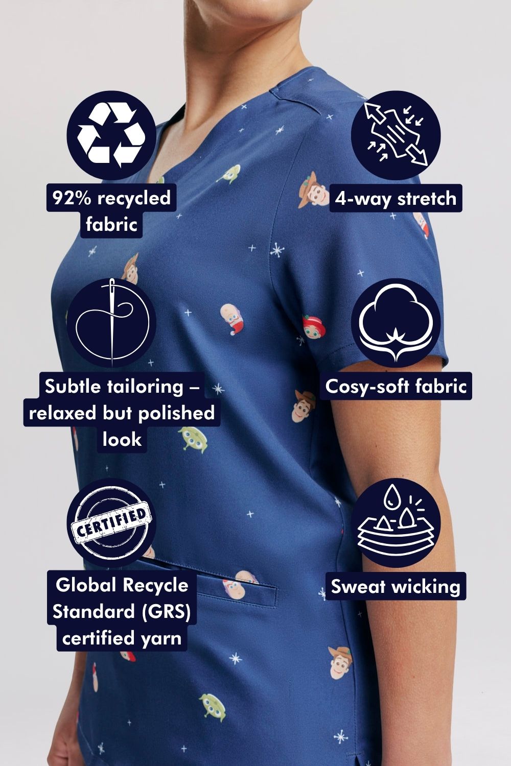 Close-up side view of a healthcare worker wearing the dark blue Toy Story Christmas scrub top, surrounded by circular feature callout icons highlighting recycled fabric, four-way stretch, subtle tailoring, and sweat-wicking properties.  