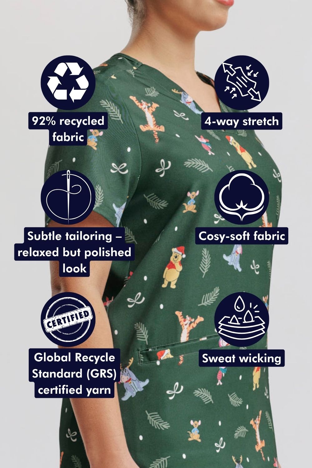 Close-up side view of a doctor wearing the dark forest green Winnie the Pooh scrub top, surrounded by circular feature icons highlighting recycled fabric, four-way stretch, subtle tailoring, cozy-soft fabric, and sweat-wicking properties.