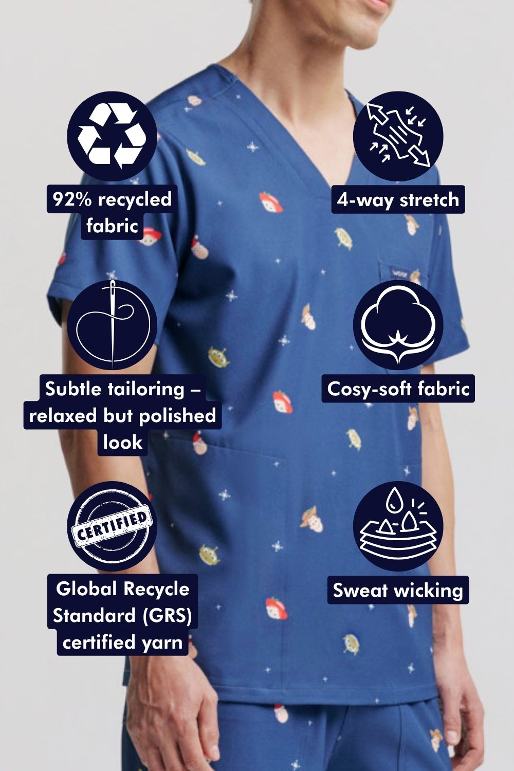 Upper-body portrait of a healthcare worker wearing the dark blue Men's Toy Story Christmas scrub top, surrounded by circular feature callout icons highlighting recycled fabric, four-way stretch, subtle tailoring, and sweat-wicking properties.