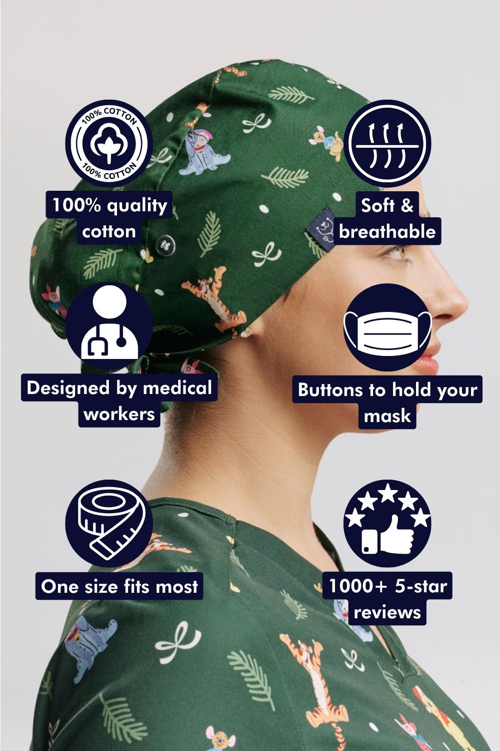 A doctor wearing the dark green Disney’s Winnie the Pooh Christmas Scrub Cap surrounded by circular callout icons highlighting 100% quality cotton, soft & breathable, designed by medical workers, buttons to hold your mask, one size fits most, and 1000+ 5-star reviews.   