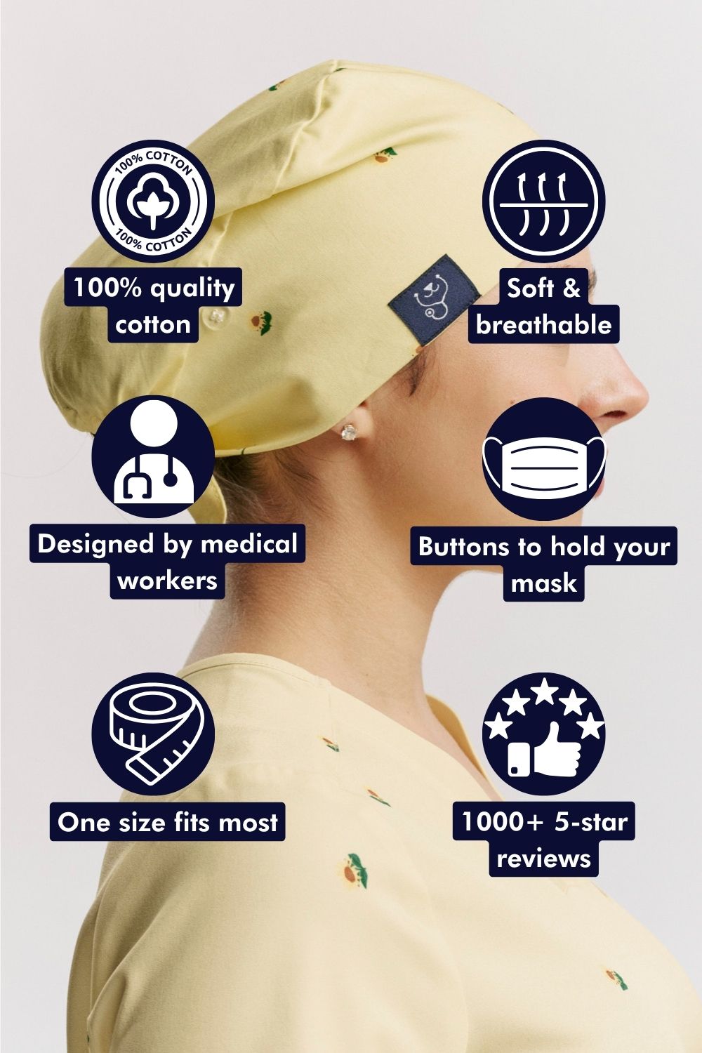 Side profile of a female healthcare worker wearing a pale yellow print scrub cap, surrounded by feature callout icons highlighting 100% cotton fabric, breathability, and side buttons for mask straps.