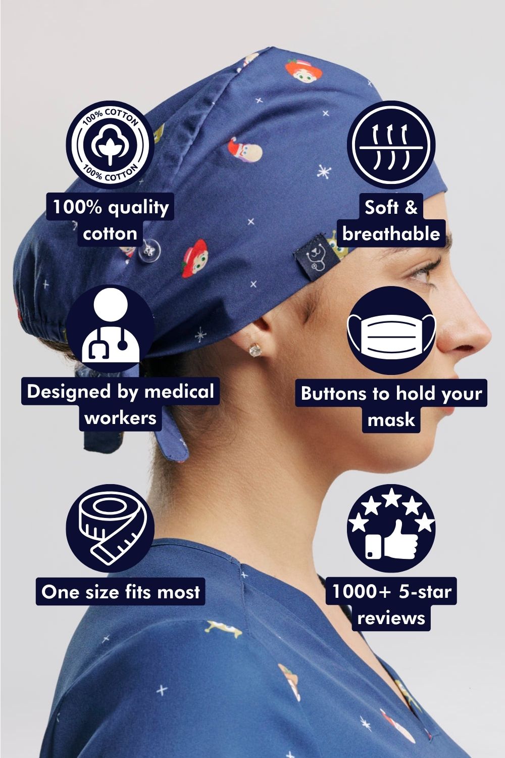 Side profile of a doctor wearing the dark blue Toy Story Christmas scrub cap, surrounded by circular feature callout icons for 100% cotton, soft & breathable fabric, designed by medical workers, mask buttons, one size fits most, and high customer ratings.  