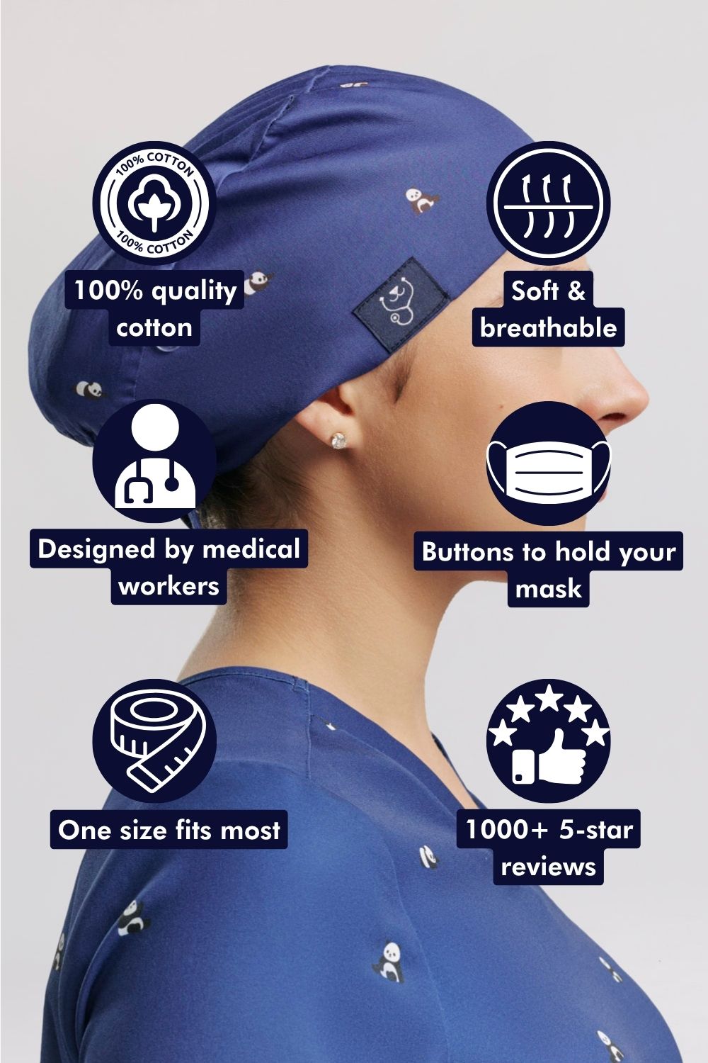 Side profile of a female healthcare worker wearing a blue panda-print scrub cap, surrounded by feature callout icons highlighting 100% cotton fabric, breathability, and side buttons for mask straps.