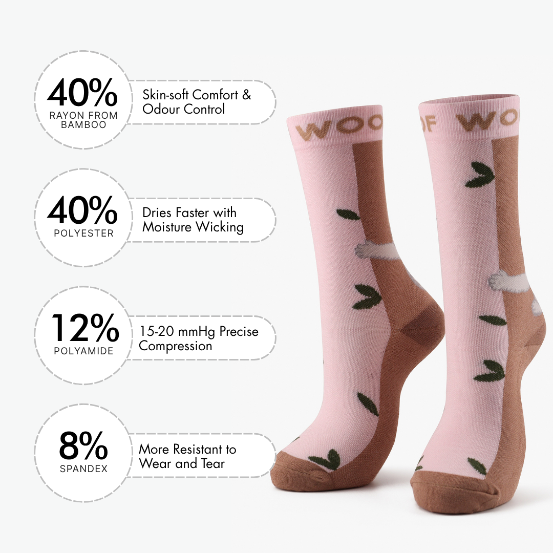 Infographic showing material breakdown beside pink bamboo crew compression socks with koala design.