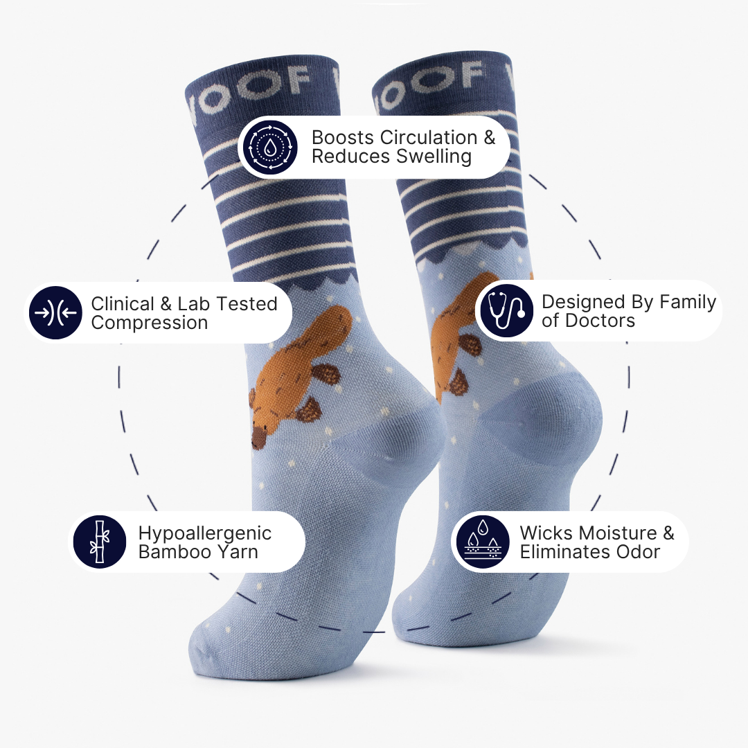 Infographic highlighting key features around blue bamboo crew compression socks with platypus design.