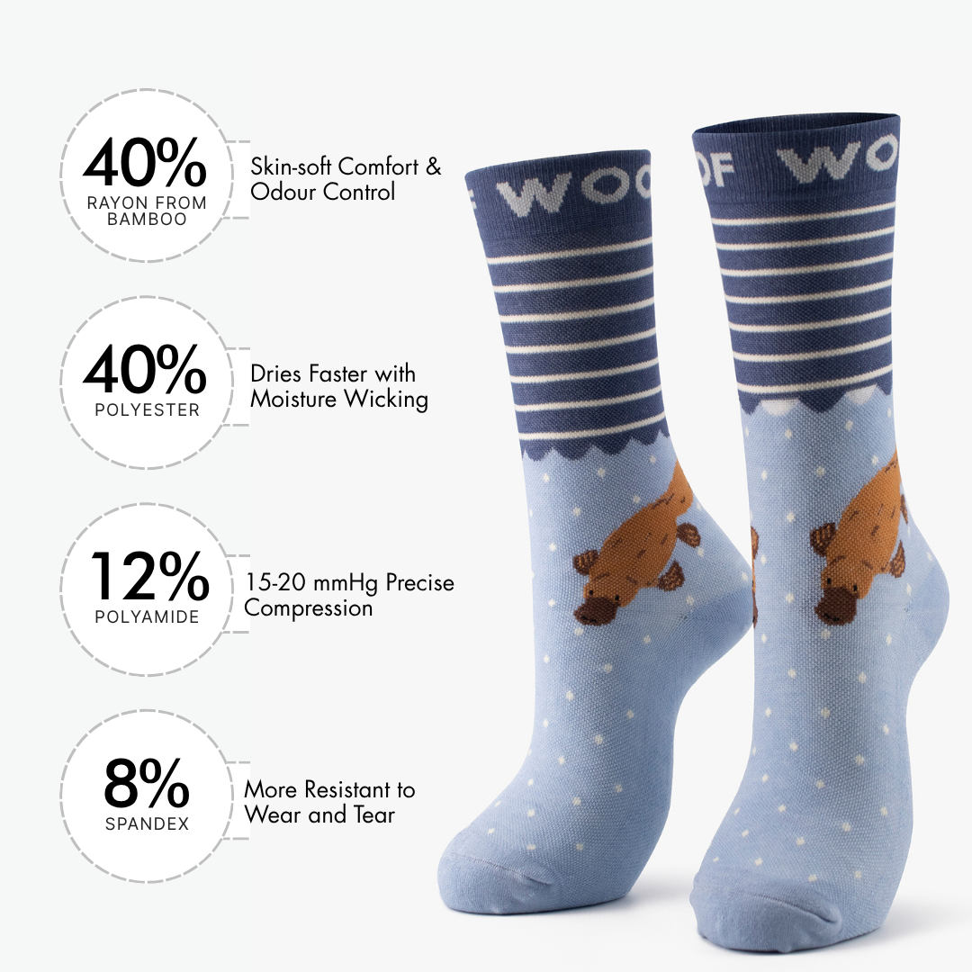 Infographic showing material percentages beside blue bamboo crew compression socks with platypus design.