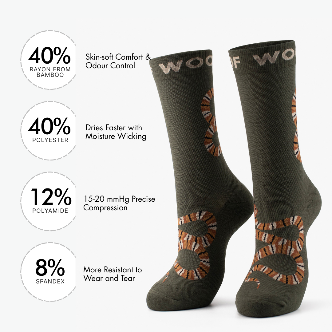 Infographic showing material percentages beside olive green bamboo crew compression socks with snake design.