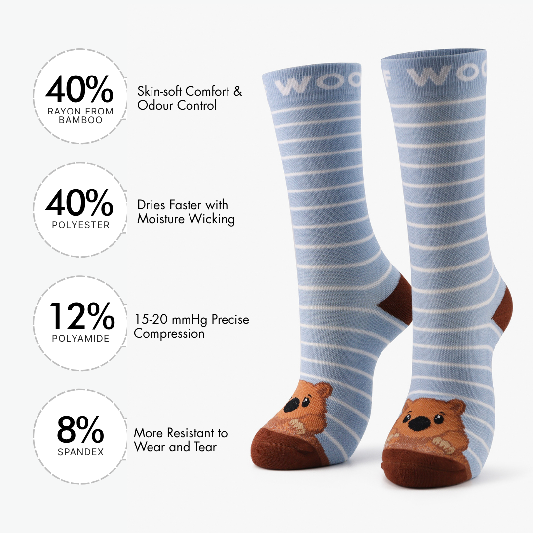 Infographic highlighting key features around light blue striped bamboo crew compression socks with wombat design.